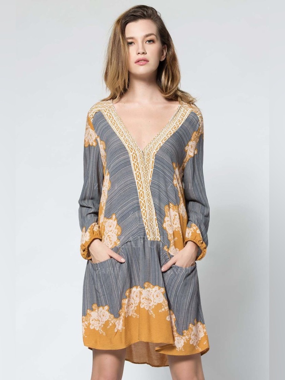 Free People Gray and Mustard Floral V-Neck Mini Dress